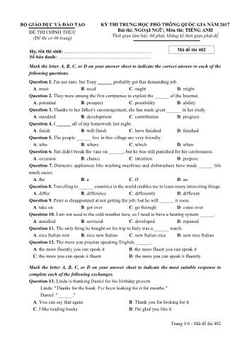 Đề thi chính thức THPT Quốc gia môn Tiếng Anh - Mã đề: 402 - Năm học 2017 (Có đáp án)