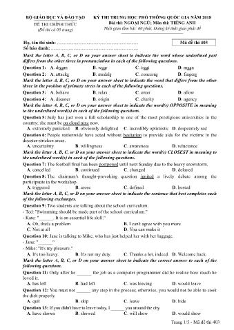 Đề thi chính thức THPT Quốc gia môn Tiếng Anh - Mã đề: 403 - Năm học 2018 (Có đáp án)