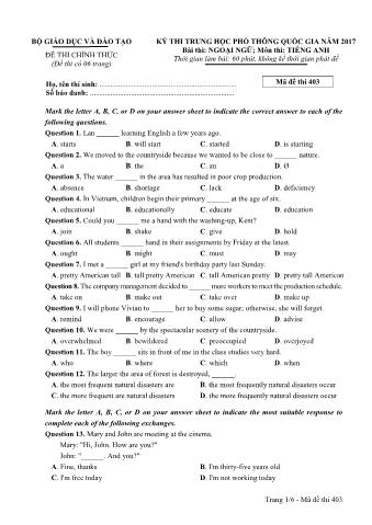 Đề thi chính thức THPT Quốc gia môn Tiếng Anh - Mã đề: 403 - Năm học 2017 (Có đáp án)