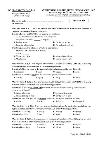Đề thi chính thức THPT Quốc gia môn Tiếng Anh - Mã đề: 404 - Năm học 2017 (Có đáp án)