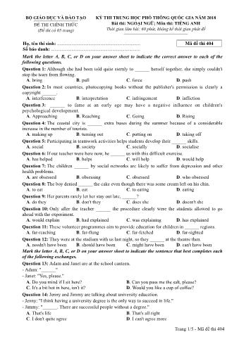 Đề thi chính thức THPT Quốc gia môn Tiếng Anh - Mã đề: 404 - Năm học 2018 (Có đáp án)