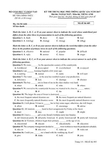 Đề thi chính thức THPT Quốc gia môn Tiếng Anh - Mã đề: 405 - Năm học 2017 (Có đáp án)
