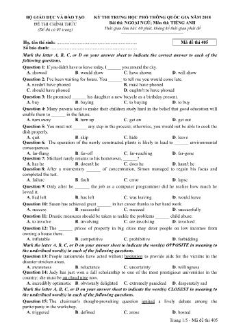 Đề thi chính thức THPT Quốc gia môn Tiếng Anh - Mã đề: 405 - Năm học 2018 (Có đáp án)