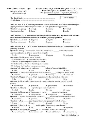 Đề thi chính thức THPT Quốc gia môn Tiếng Anh - Mã đề: 406 - Năm học 2017 (Có đáp án)