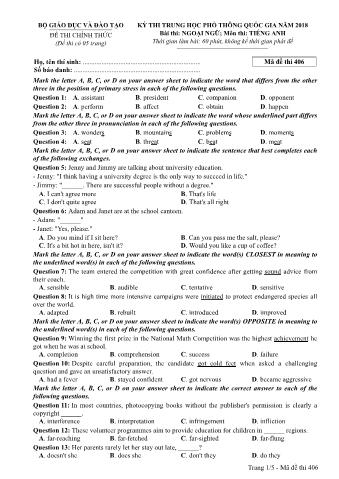 Đề thi chính thức THPT Quốc gia môn Tiếng Anh - Mã đề: 406 - Năm học 2018 (Có đáp án)