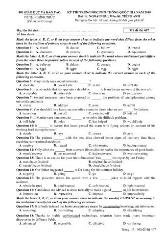 Đề thi chính thức THPT Quốc gia môn Tiếng Anh - Mã đề: 407 - Năm học 2018 (Có đáp án)