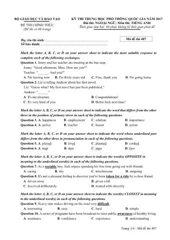 Đề thi chính thức THPT Quốc gia môn Tiếng Anh - Mã đề: 407 - Năm học 2017 (Có đáp án)