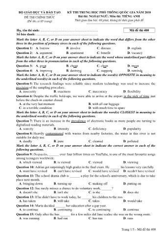 Đề thi chính thức THPT Quốc gia môn Tiếng Anh - Mã đề: 408 - Năm học 2018 (Có đáp án)