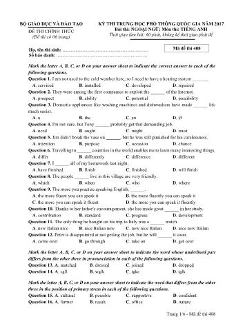 Đề thi chính thức THPT Quốc gia môn Tiếng Anh - Mã đề: 408 - Năm học 2017 (Có đáp án)
