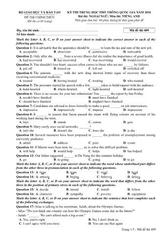 Đề thi chính thức THPT Quốc gia môn Tiếng Anh - Mã đề: 409 - Năm học 2018 (Có đáp án)