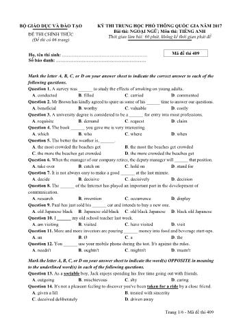 Đề thi chính thức THPT Quốc gia môn Tiếng Anh - Mã đề: 409 - Năm học 2017 (Có đáp án)