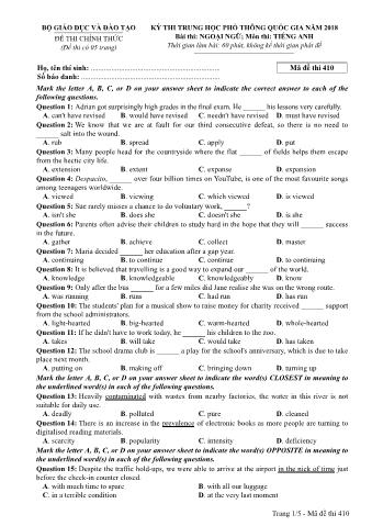 Đề thi chính thức THPT Quốc gia môn Tiếng Anh - Mã đề: 410 - Năm học 2018 (Có đáp án)