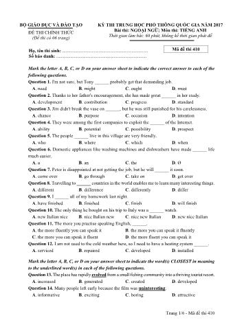 Đề thi chính thức THPT Quốc gia môn Tiếng Anh - Mã đề: 410 - Năm học 2017 (Có đáp án)