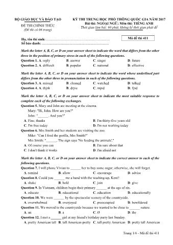 Đề thi chính thức THPT Quốc gia môn Tiếng Anh - Mã đề: 411 - Năm học 2017 (Có đáp án)