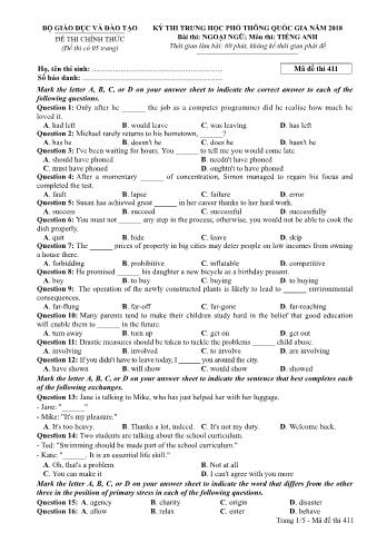 Đề thi chính thức THPT Quốc gia môn Tiếng Anh - Mã đề: 411 - Năm học 2018 (Có đáp án)