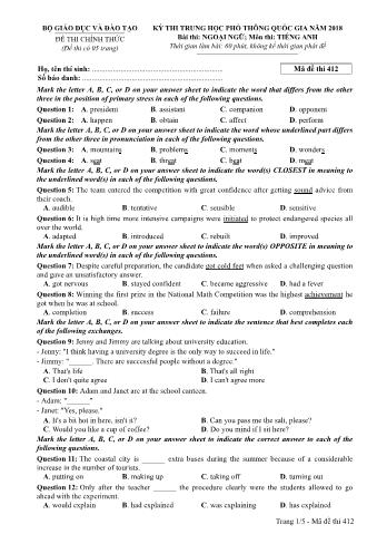 Đề thi chính thức THPT Quốc gia môn Tiếng Anh - Mã đề: 412 - Năm học 2018 (Có đáp án)