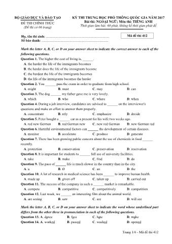 Đề thi chính thức THPT Quốc gia môn Tiếng Anh - Mã đề: 412 - Năm học 2017 (Có đáp án)
