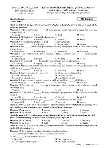 Đề thi chính thức THPT Quốc gia môn Tiếng Anh - Mã đề: 413 - Năm học 2018 (Có đáp án)