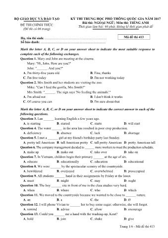 Đề thi chính thức THPT Quốc gia môn Tiếng Anh - Mã đề: 413 - Năm học 2017 (Có đáp án)