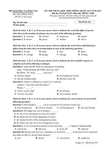 Đề thi chính thức THPT Quốc gia môn Tiếng Anh - Mã đề: 414 - Năm học 2017 (Có đáp án)