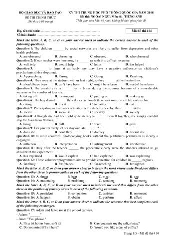 Đề thi chính thức THPT Quốc gia môn Tiếng Anh - Mã đề: 414 - Năm học 2018 (Có đáp án
