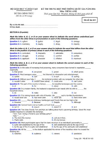 Đề thi chính thức THPT Quốc gia môn Tiếng Anh - Mã đề: 415 - Năm học 2016 (Có đáp án)
