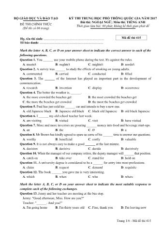 Đề thi chính thức THPT Quốc gia môn Tiếng Anh - Mã đề: 415 - Năm học 2017 (Có đáp án)