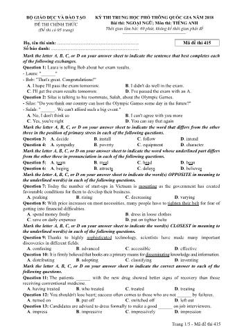 Đề thi chính thức THPT Quốc gia môn Tiếng Anh - Mã đề: 415 - Năm học 2018 (Có đáp án)