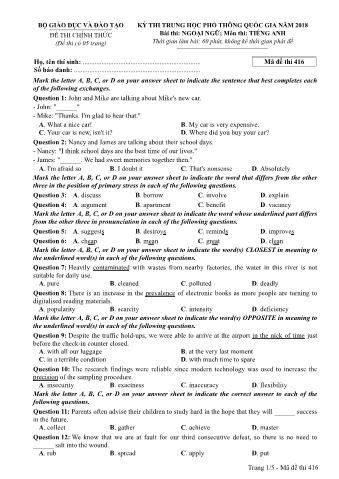 Đề thi chính thức THPT Quốc gia môn Tiếng Anh - Mã đề: 416 - Năm học 2018 (Có đáp án)