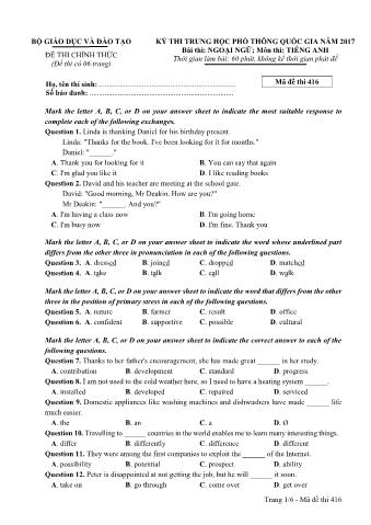Đề thi chính thức THPT Quốc gia môn Tiếng Anh - Mã đề: 416 - Năm học 2017 (Có đáp án)