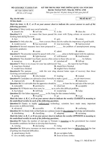 Đề thi chính thức THPT Quốc gia môn Tiếng Anh - Mã đề: 417 - Năm học 2018 (Có đáp án)