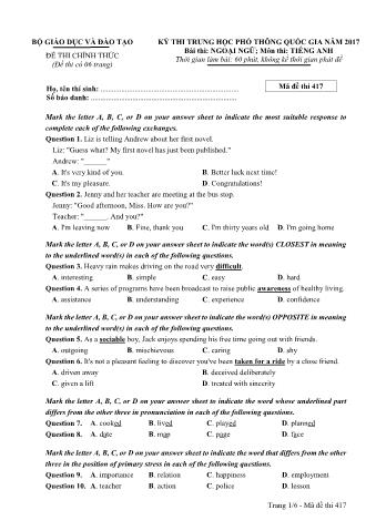 Đề thi chính thức THPT Quốc gia môn Tiếng Anh - Mã đề: 417 - Năm học 2017 (Có đáp án)