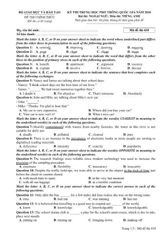 Đề thi chính thức THPT Quốc gia môn Tiếng Anh - Mã đề: 418 - Năm học 2018 (Có đáp án)