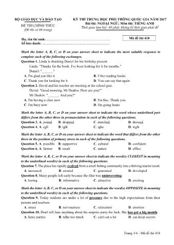 Đề thi chính thức THPT Quốc gia môn Tiếng Anh - Mã đề: 418 - Năm học 2017 (Có đáp án)