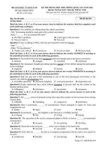 Đề thi chính thức THPT Quốc gia môn Tiếng Anh - Mã đề: 419 - Năm học 2018 (Có đáp án)