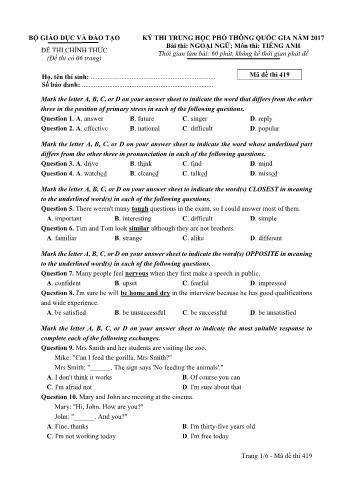 Đề thi chính thức THPT Quốc gia môn Tiếng Anh - Mã đề: 419 - Năm học 2017 (Có đáp án)