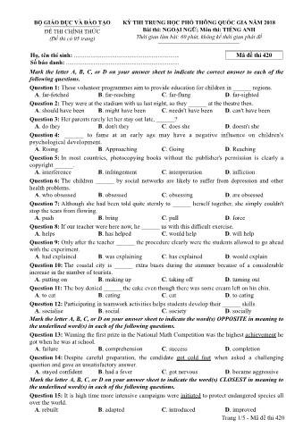 Đề thi chính thức THPT Quốc gia môn Tiếng Anh - Mã đề: 420 - Năm học 2018 (Có đáp án)