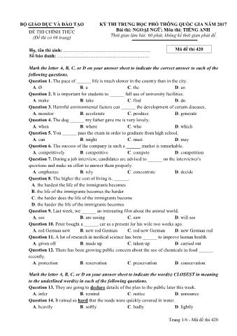 Đề thi chính thức THPT Quốc gia môn Tiếng Anh - Mã đề: 420 - Năm học 2017 (Có đáp án)