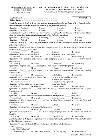 Đề thi chính thức THPT Quốc gia môn Tiếng Anh - Mã đề: 421 - Năm học 2018 (Có đáp án)