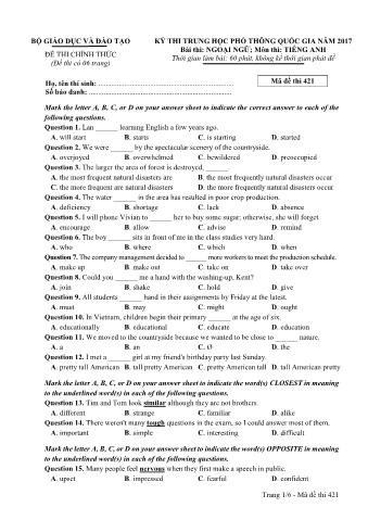 Đề thi chính thức THPT Quốc gia môn Tiếng Anh - Mã đề: 421 - Năm học 2017 (Có đáp án)