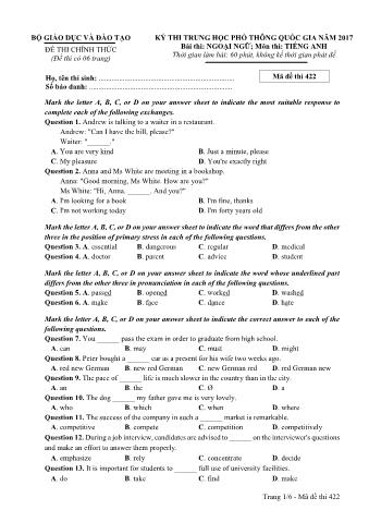Đề thi chính thức THPT Quốc gia môn Tiếng Anh - Mã đề: 422 - Năm học 2017 (Có đáp án)
