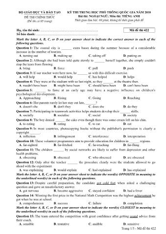 Đề thi chính thức THPT Quốc gia môn Tiếng Anh - Mã đề: 422 - Năm học 2018 (Có đáp án)