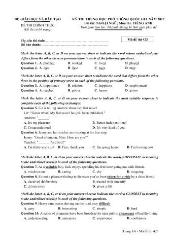Đề thi chính thức THPT Quốc gia môn Tiếng Anh - Mã đề: 423 - Năm học 2017 (Có đáp án)