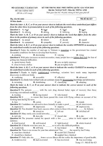 Đề thi chính thức THPT Quốc gia môn Tiếng Anh - Mã đề: 423 - Năm học 2018 (Có đáp án)