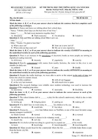 Đề thi chính thức THPT Quốc gia môn Tiếng Anh - Mã đề: 424 - Năm học 2018 (Có đáp án)
