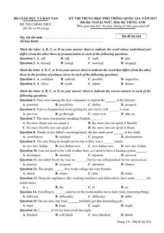 Đề thi chính thức THPT Quốc gia môn Tiếng Anh - Mã đề: 424 - Năm học 2017 (Có đáp án)
