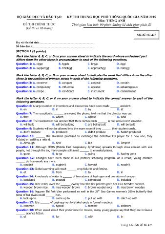 Đề thi chính thức THPT Quốc gia môn Tiếng Anh - Mã đề: 425 - Năm học 2015 (Có đáp án)