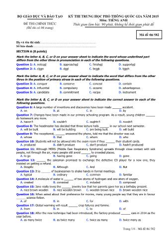 Đề thi chính thức THPT Quốc gia môn Tiếng Anh - Mã đề: 582 - Năm học 2015 (Có đáp án)