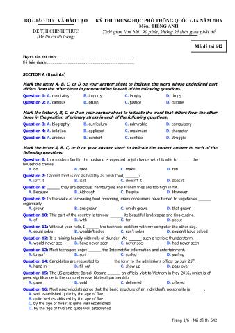 Đề thi chính thức THPT Quốc gia môn Tiếng Anh - Mã đề: 642 - Năm học 2016 (Có đáp án)
