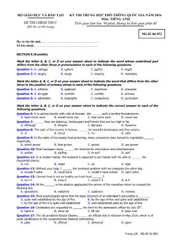 Đề thi chính thức THPT Quốc gia môn Tiếng Anh - Mã đề: 852 - Năm học 2016 (Có đáp án)